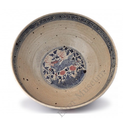 1403 An underglaze red & blue Kylin  in peony big bow of Yuan period